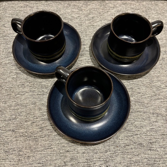 Set 3 Vintage 1960s Denby Bokhara Blue Brown Kismet Cups & Saucers - Picture 2 of 7